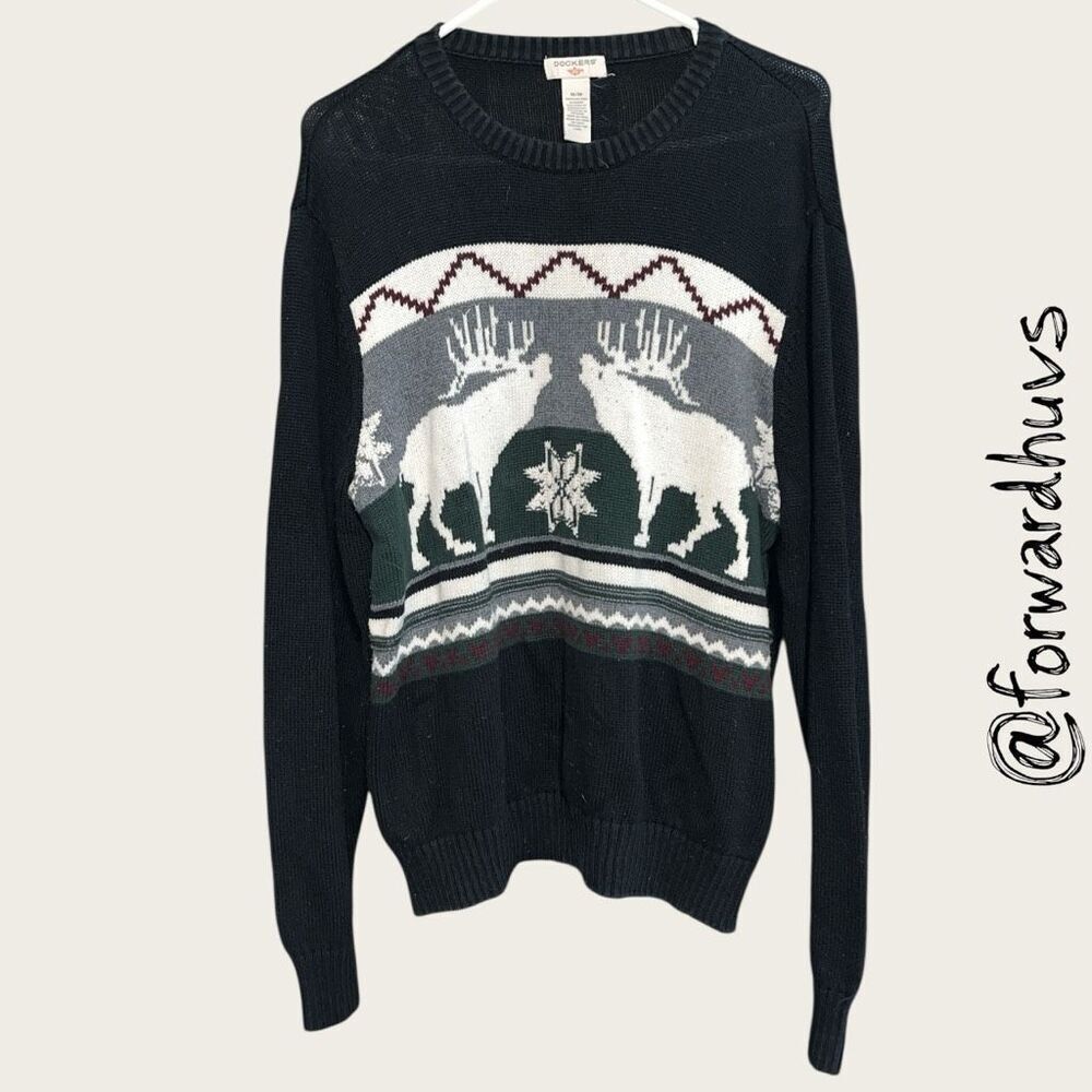 1990s Dockers Men’s Fair Isle Moose Sweater – 100% Cotton, Winter Motif